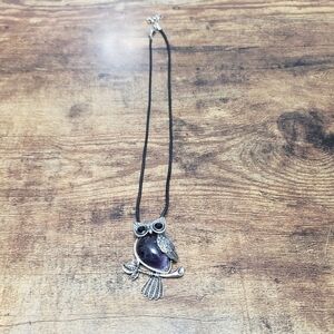 silver tone owl pendant with purple stone statement necklace